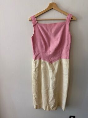 vintage 1970s Oscar de la Renta LinenPink and Cream Sleeveless Midi Sheath Dress